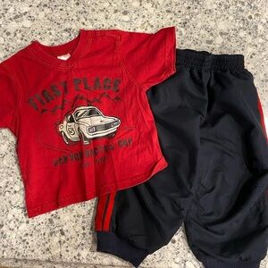 Okiedokie lined athletic pants black red stripe red shirt with racecar 1…